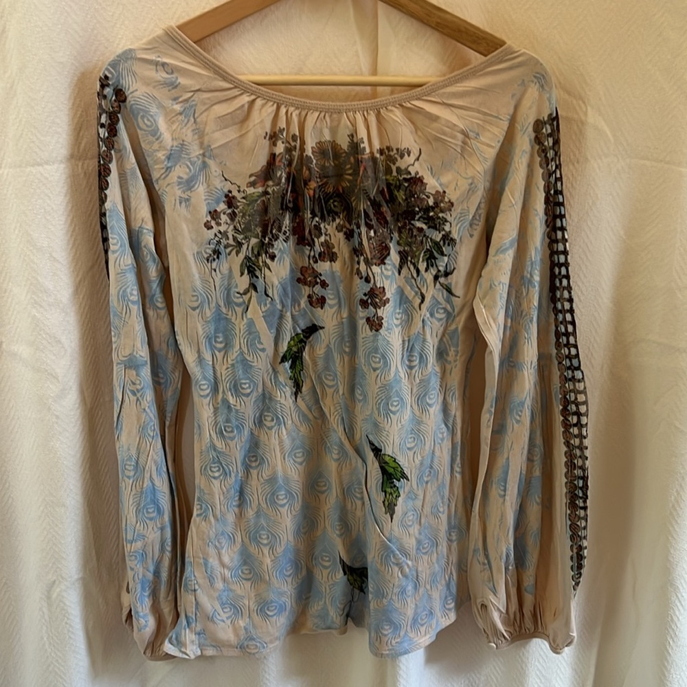 Butterfly dropout🦋Vintage tan/blue peacock feather print with fall floral top. - Picture 6 of 12